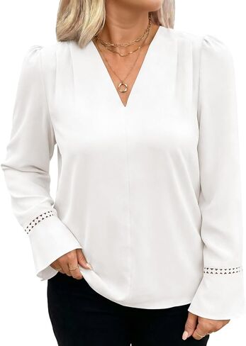 Eytino Womens Plus Size Tops Long Sleeve Pleated V Neck Dressy Casual Business Work Shirts 2026 Fashion Clothes(1X-5X) in Kuwait