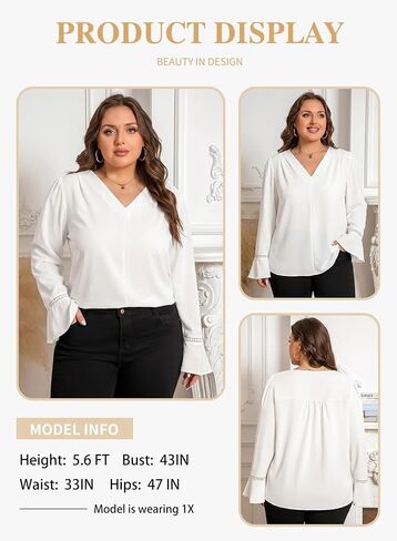 Eytino Womens Plus Size Tops Long Sleeve Pleated V Neck Dressy Casual Business Work Shirts 2026 Fashion Clothes(1X-5X) in Kuwait