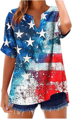 4th of July Shirts Women Cotton Linen Short Sleeve Summer Tops American Flag Button Down Shirt Independence Day in Saudi Arabia