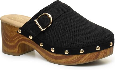 Women’s Clog Mule Heels – Slip-On Buckle Mules with Woodgrain Block Heel & Studded Trim for Everyday Wear- Razie in Saudi Arabia