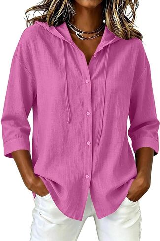 Cotton Linen Tops for Women 3/4 Sleeve Loose Fit Hooded Shirt Button Front Drawstring Travel Beach Gauze Blouses in Saudi Arabia