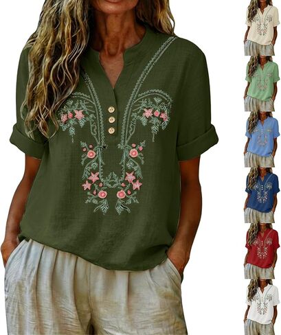 Cotton Linen Embroidered Tops for Women Summer Casual Henley V Neck Floral Peasant Boho Blouse Loose Fit Tunic Shirt in Kuwait