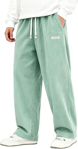 Men's Corduroy Wide Leg Pants, Baggy Drawstring Streetwear Trousers in Kuwait