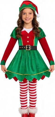 Okbebe Girls Elf Dress Up Kids Christmas Dress Xmas Party Outfit with Hat Socks in Saudi Arabia