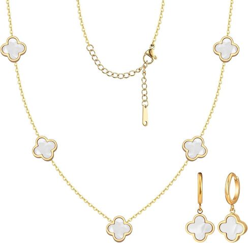 Clover Jewelry Set 18K Gold Plated Black White Red Four Leaf Clove Necklace Earrings Jewelry Set Mothers Day Lucky Birthday Gifts for Women in Saudi Arabia