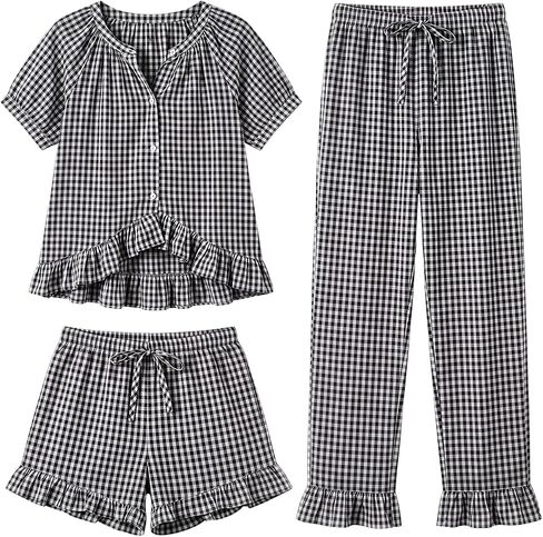 Gihuo Womens 3 Piece Gingham Pajama Set Ruffle Short Sleeve Top Long Pants & Shorts Soft Cotton Sleepwear Loungewear in Kuwait