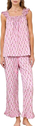 Kissonic Womens Ruffle Pajamas Set 2 Piece Cotton Sleeveless Tank Top and Long Pants Floral Pjs Soft Bridal Lounge Set in Saudi Arabia