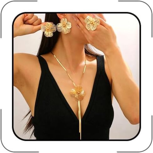 Gold Jewelry Sets for Women Long Y-shaped Necklaces & Earrings Set Baroque Pearl Flower Necklace Set, Prom Wedding Dress Accessories in Kuwait
