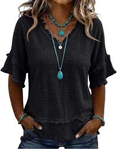 بلوزات نسائية صيفية كاجوال فضفاضة تناسب بوهو هامشية ورقبة على شكل حرف V وأكمام قصيرة، بلوزات عصرية للعمل والأعمال التجارية in Kuwait