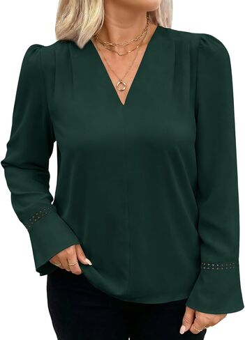 Eytino Womens Plus Size Tops Long Sleeve Pleated V Neck Dressy Casual Business Work Shirts 2026 Fashion Clothes(1X-5X) in Kuwait