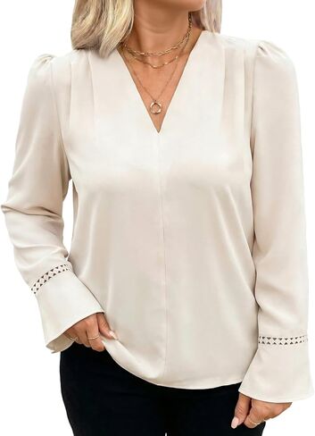 Eytino Womens Plus Size Tops Long Sleeve Pleated V Neck Dressy Casual Business Work Shirts 2026 Fashion Clothes(1X-5X) in Kuwait