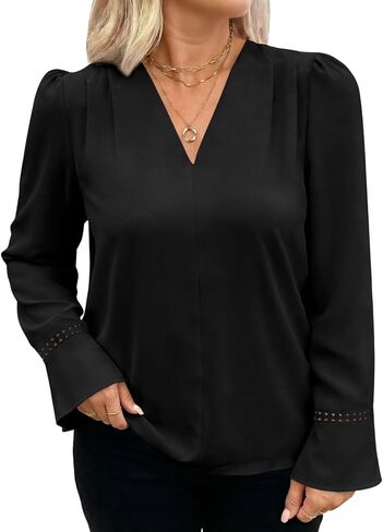 Eytino Womens Plus Size Tops Long Sleeve Pleated V Neck Dressy Casual Business Work Shirts 2026 Fashion Clothes(1X-5X) in Kuwait