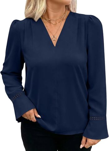 Eytino Womens Plus Size Tops Long Sleeve Pleated V Neck Dressy Casual Business Work Shirts 2026 Fashion Clothes(1X-5X) in Kuwait