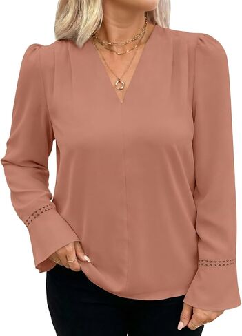 Eytino Womens Plus Size Tops Long Sleeve Pleated V Neck Dressy Casual Business Work Shirts 2026 Fashion Clothes(1X-5X) in Kuwait