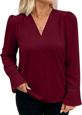 Eytino Womens Plus Size Tops Long Sleeve Pleated V Neck Dressy Casual Business Work Shirts 2026 Fashion Clothes(1X-5X) in Kuwait