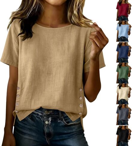 Womens Cotton Linen Shirts Casual Summer Short Sleeve Boho Tops Button Side Split Lightweight Gauze Blouses in Saudi Arabia