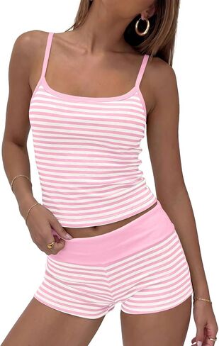 Cioatin Women 2 Piece Striped Pajama Sets Crop Cami Tank Tops and Shorts Lounge Set Y2K Summer Going Out Clean Girls Outfits in Kuwait