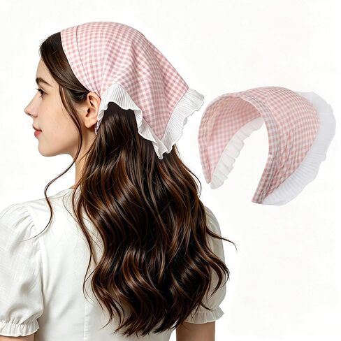 OWIIZI Bandanas Headbands for Women Floral Crochet Lace Hair Scarf Cute Boho Head Bands Fashion Kerchief Trendy Hair Accessories for Women's Hair(Plaid Blue) in Saudi Arabia