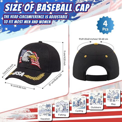 Unittype 4 Pack 250 Anniversary USA Hat, Patriotic Eagle USA Hat for Men Adjustable Patriotic American Flag Bald Eagle Baseball Caps for Men Women Vacations Fishing Hiking Camping, 250th Anniversary in Kuwait
