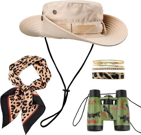 Carreuty 4 Pcs Women Safari Costume Outfit Sun Bucket Hat Leopard Scarf Leopard Bracelet Binocular Zoo Keeper Outfit Accessories Safari Accessories Set for Halloween Cosplay in Saudi Arabia