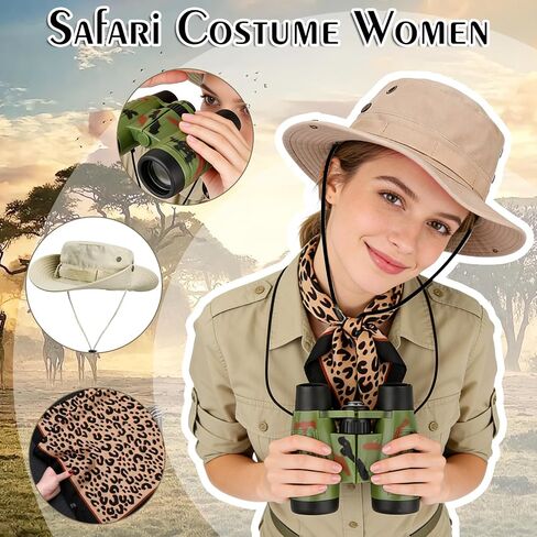Carreuty 4 Pcs Women Safari Costume Outfit Sun Bucket Hat Leopard Scarf Leopard Bracelet Binocular Zoo Keeper Outfit Accessories Safari Accessories Set for Halloween Cosplay in Saudi Arabia