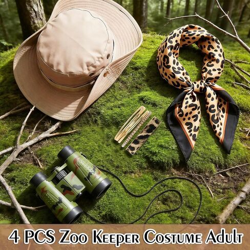 Carreuty 4 Pcs Women Safari Costume Outfit Sun Bucket Hat Leopard Scarf Leopard Bracelet Binocular Zoo Keeper Outfit Accessories Safari Accessories Set for Halloween Cosplay in Saudi Arabia