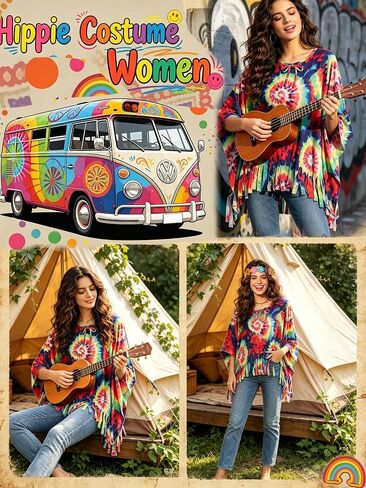 Gionforsy 60s 70s مجموعة إكسسوارات أزياء الهبي ربطة عنق صبغ هامش علوي زهرة عقال قلادة أقراط لجميع القديسين in Kuwait