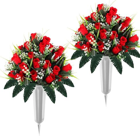Consevisen Artificial Cemetery Flowers for Grave with Vase, 2 Sets Silk Red Rose Memorial Day Flowers for Cemetery Grave Decorations, Outdoor Grave Decorations for Gravesite Headstones in Kuwait