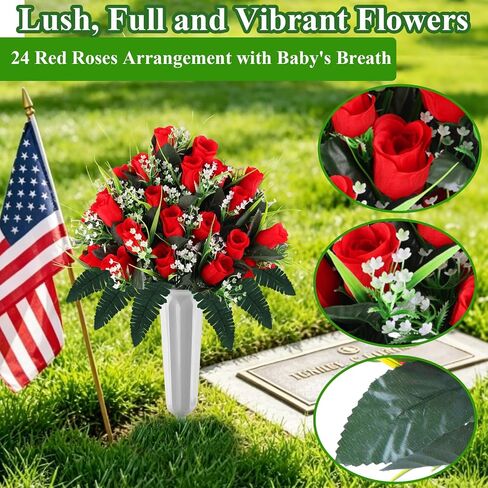 Consevisen Artificial Cemetery Flowers for Grave with Vase, 2 Sets Silk Red Rose Memorial Day Flowers for Cemetery Grave Decorations, Outdoor Grave Decorations for Gravesite Headstones in Kuwait