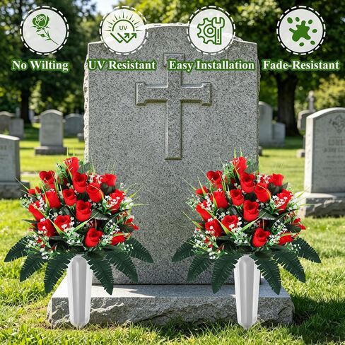 Consevisen Artificial Cemetery Flowers for Grave with Vase, 2 Sets Silk Red Rose Memorial Day Flowers for Cemetery Grave Decorations, Outdoor Grave Decorations for Gravesite Headstones in Kuwait