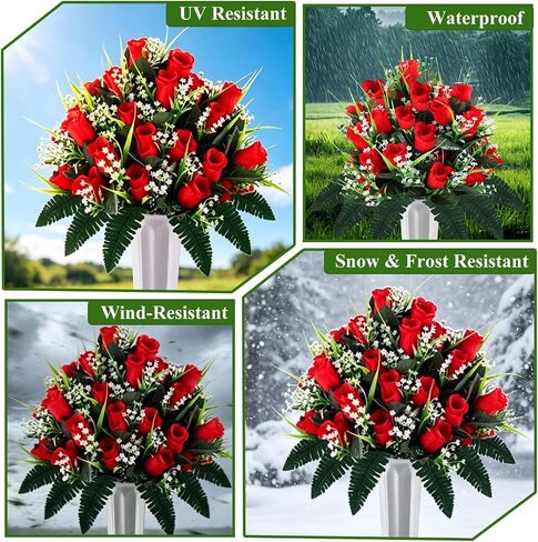 Consevisen Artificial Cemetery Flowers for Grave with Vase, 2 Sets Silk Red Rose Memorial Day Flowers for Cemetery Grave Decorations, Outdoor Grave Decorations for Gravesite Headstones in Kuwait