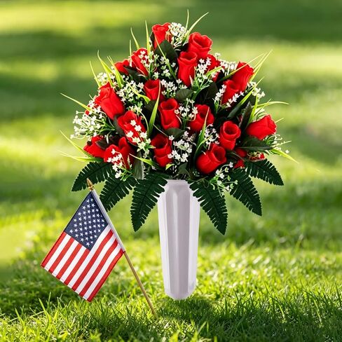 Consevisen Artificial Cemetery Flowers for Grave with Vase, 2 Sets Silk Red Rose Memorial Day Flowers for Cemetery Grave Decorations, Outdoor Grave Decorations for Gravesite Headstones in Kuwait