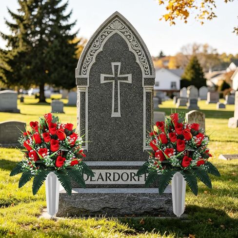 Consevisen Artificial Cemetery Flowers for Grave with Vase, 2 Sets Silk Red Rose Memorial Day Flowers for Cemetery Grave Decorations, Outdoor Grave Decorations for Gravesite Headstones in Kuwait