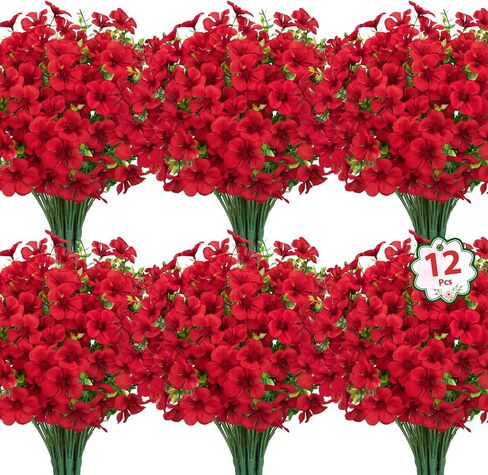 Roberly 12 Pcs Artificial Geranium Flowers for Outdoors, Silk Fake Flowers with Eucalyptus UV Resistant Faux Plants Artificial Greenery for Garden Patio Porch Yard Spring Summer Home Table Decor, Red in Saudi Arabia