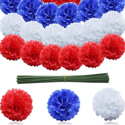 60 Pcs Red White and Blue Flowers with 9.8" Stems, Patriotic Flowers Decor, 4th of July Flower Artificial Carnation, Memorial Day Decor for Cemetery, Table Centerpiece Crafts(60, Red, White, Blue) in Saudi Arabia