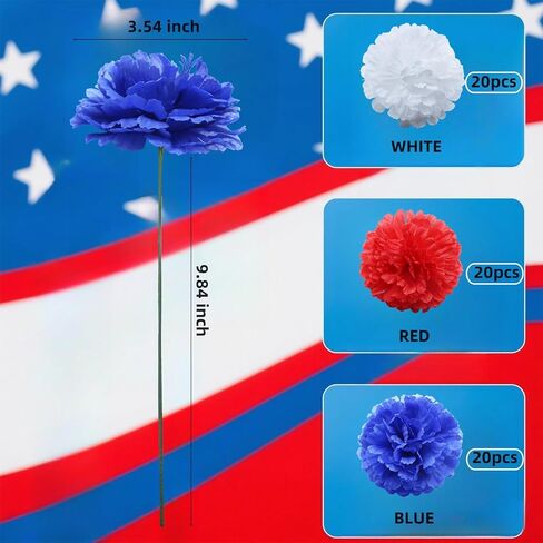 60 Pcs Red White and Blue Flowers with 9.8" Stems, Patriotic Flowers Decor, 4th of July Flower Artificial Carnation, Memorial Day Decor for Cemetery, Table Centerpiece Crafts(60, Red, White, Blue) in Saudi Arabia