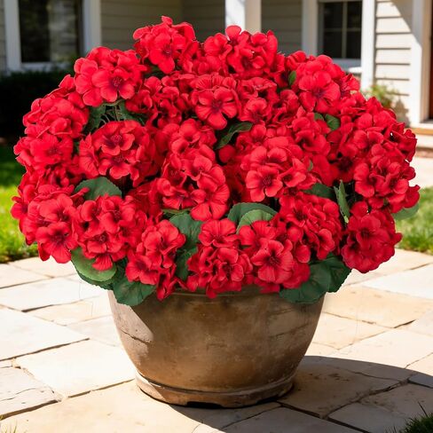8 Pcs 17" Artificial Geranium Flowers for Outdoors, Fake Silk Flowers UV Resistant Realistic Faux Geranium Plants for Front Porch Door Garden Yard Window Planters Outside Home Decor, Red in Saudi Arabia