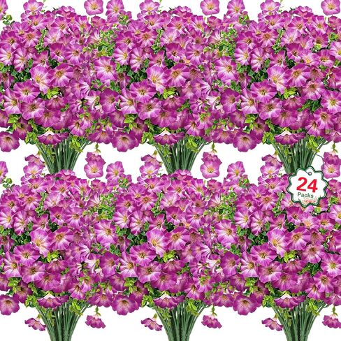 Ouddy Decor 24 حزمة من الزهور الاصطناعية في الهواء الطلق، زهور البتونيا المزيفة، زهور مجد الصباح الحريرية مع نباتات الأوكالبتوس الصناعية للداخل والخارج، الربيع والصيف، ساحة الحديقة، الشرفة، ديكور المنزل، متعدد الألوان in Kuwait