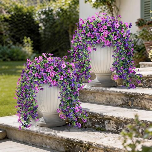 Artificial Hanging Flowers for Outdoors Faux Plants Spring Porch Decor, 2 Pcs Fake Hanging Plant Silk Flower UV Resistant for Outside Patio Home Balcony Planter Yard Garden Purple Orchid in Kuwait