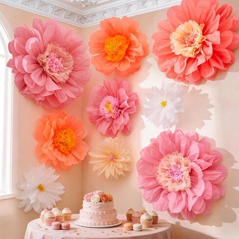 Alecono 9 Pcs Giant Paper Flowers, Extra Large Handcrafted Tissue Paper Flowers Decorations for Wall, Crepe Floral for Mexican Fiesta, Wedding Backdrop, Bridal Shower Birthday Party Decor(24" 20" 14") in Saudi Arabia