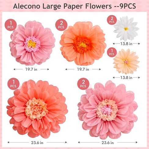 Alecono 9 Pcs Giant Paper Flowers, Extra Large Handcrafted Tissue Paper Flowers Decorations for Wall, Crepe Floral for Mexican Fiesta, Wedding Backdrop, Bridal Shower Birthday Party Decor(24" 20" 14") in Saudi Arabia