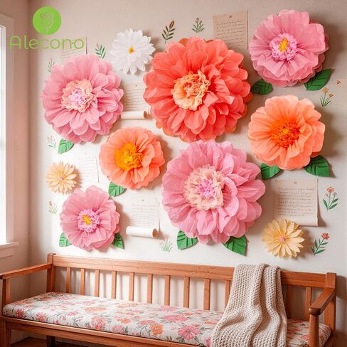 Alecono 9 Pcs Giant Paper Flowers, Extra Large Handcrafted Tissue Paper Flowers Decorations for Wall, Crepe Floral for Mexican Fiesta, Wedding Backdrop, Bridal Shower Birthday Party Decor(24" 20" 14") in Saudi Arabia