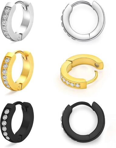 3 Pairs Small Hoop Earrings for Men, 316L Surgical Stainless Steel Mens Huggie Hoop Earrings with CZ, Gold Silver Black, Hypoallergenic for Sensitive Ears, Easy Clean Daily Wear, 9mm Inner Diameter in Saudi Arabia