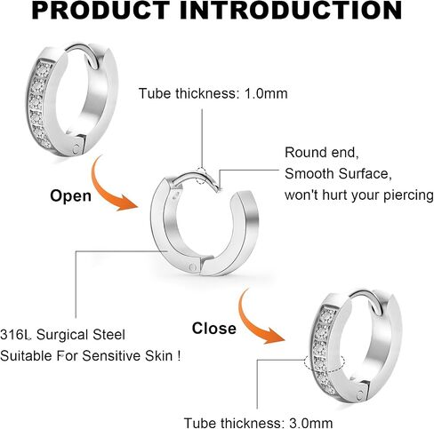 3 Pairs Small Hoop Earrings for Men, 316L Surgical Stainless Steel Mens Huggie Hoop Earrings with CZ, Gold Silver Black, Hypoallergenic for Sensitive Ears, Easy Clean Daily Wear, 9mm Inner Diameter in Saudi Arabia
