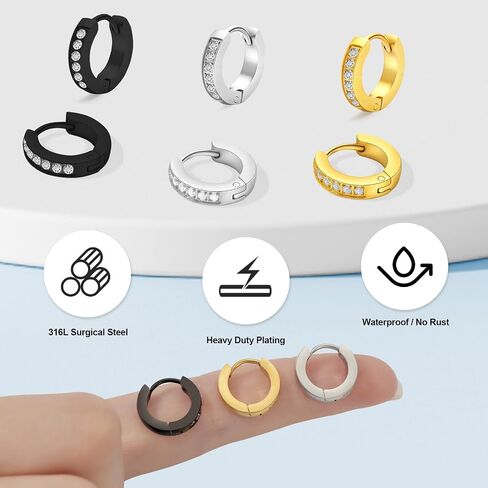 3 Pairs Small Hoop Earrings for Men, 316L Surgical Stainless Steel Mens Huggie Hoop Earrings with CZ, Gold Silver Black, Hypoallergenic for Sensitive Ears, Easy Clean Daily Wear, 9mm Inner Diameter in Saudi Arabia