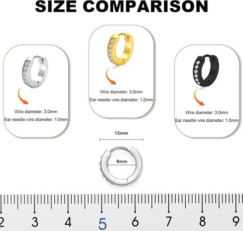 3 Pairs Small Hoop Earrings for Men, 316L Surgical Stainless Steel Mens Huggie Hoop Earrings with CZ, Gold Silver Black, Hypoallergenic for Sensitive Ears, Easy Clean Daily Wear, 9mm Inner Diameter in Saudi Arabia