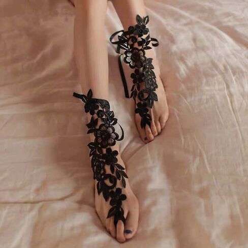 Sexy Lace Barefoot Sandals with Toe Ring Vintage Floral Anklet for Women Bridal Beach Wedding Foot Jewelry Prom Festival Gift (Black) in Kuwait