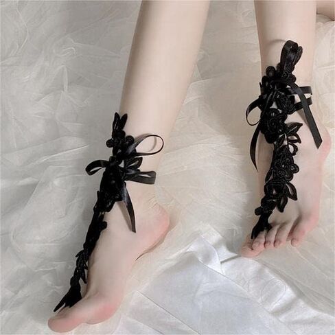 Sexy Lace Barefoot Sandals with Toe Ring Vintage Floral Anklet for Women Bridal Beach Wedding Foot Jewelry Prom Festival Gift (Black) in Kuwait