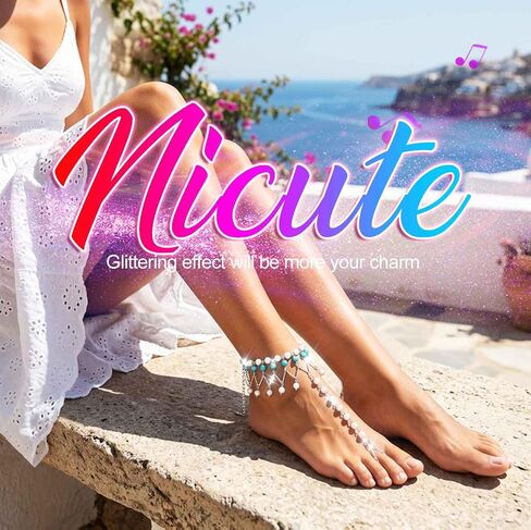 Nicute بوهو الفيروز واللؤلؤ بيرفوت صندل خلخال الفضة تو الكاحل سوار الشاطئ القدم اكسسوارات للنساء in Kuwait
