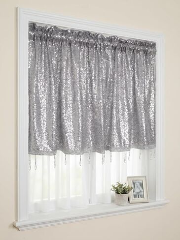 Molaxhome Sequin Valances Curtain Swag Window Valance with Crystal Beads - Rod Pocket Window Treatment for Kitchen Living Room White, W54 x L24 Inch in Saudi Arabia